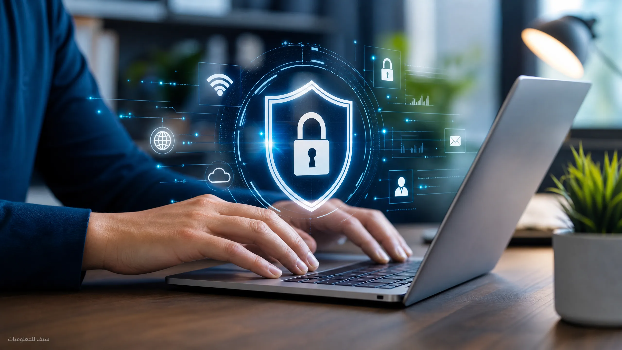 شخص يستخدم جهاز لابتوب مؤمن بطبقات حماية رقمية وقفل أمان لمنع الاختراق والتصيد الاحتيالي