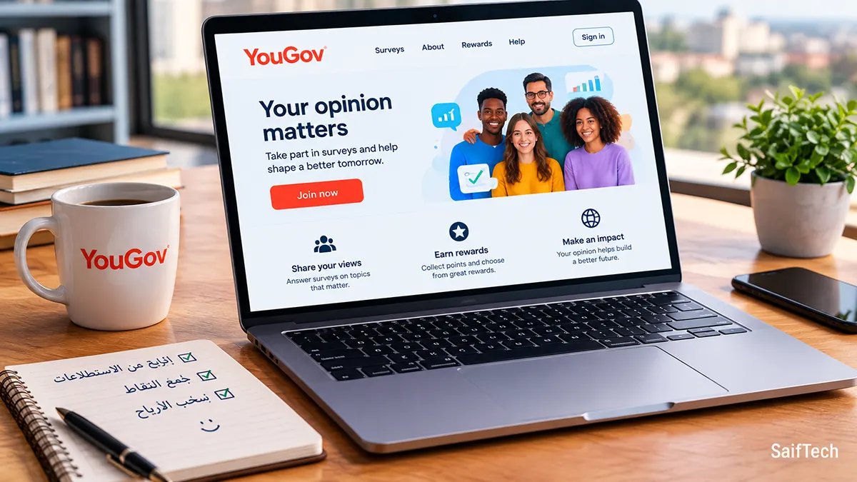الربح من يوجوف YouGov في 2026: تجربتي وطريقة جمع النقاط وسحب الأرباح حاسوب محمول يعرض منصة YouGov للاستطلاعات والمكافآت