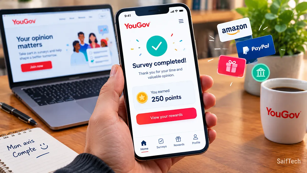 الربح من يوجوف YouGov في 2026: تجربتي وطريقة جمع النقاط وسحب الأرباح هاتف يعرض إكمال استطلاع YouGov والحصول على النقاط