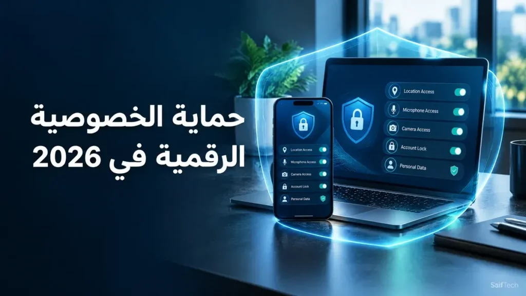 هاتف وحاسوب محميان بدرع رقمي يرمز إلى حماية الخصوصية الرقمية والبيانات