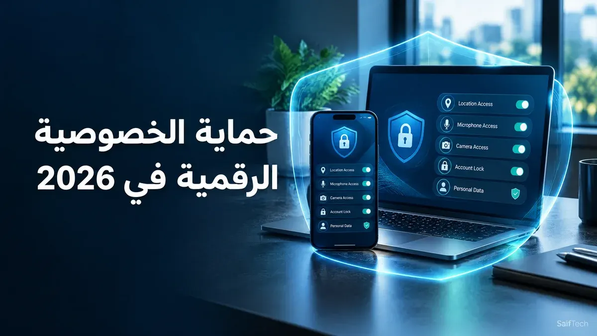 هاتف وحاسوب محميان بدرع رقمي يرمز إلى حماية الخصوصية الرقمية والبيانات
