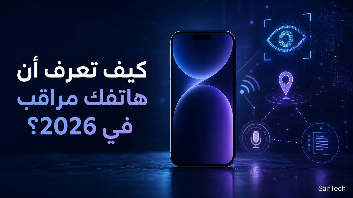 كيف تعرف أن هاتفك مراقب في 2026؟ علامات التجسس وطرق الحماية كيف تعرف أن هاتفك مراقب في 2026؟ هاتف ذكي محاط برموز المراقبة والموقع والميكروفون