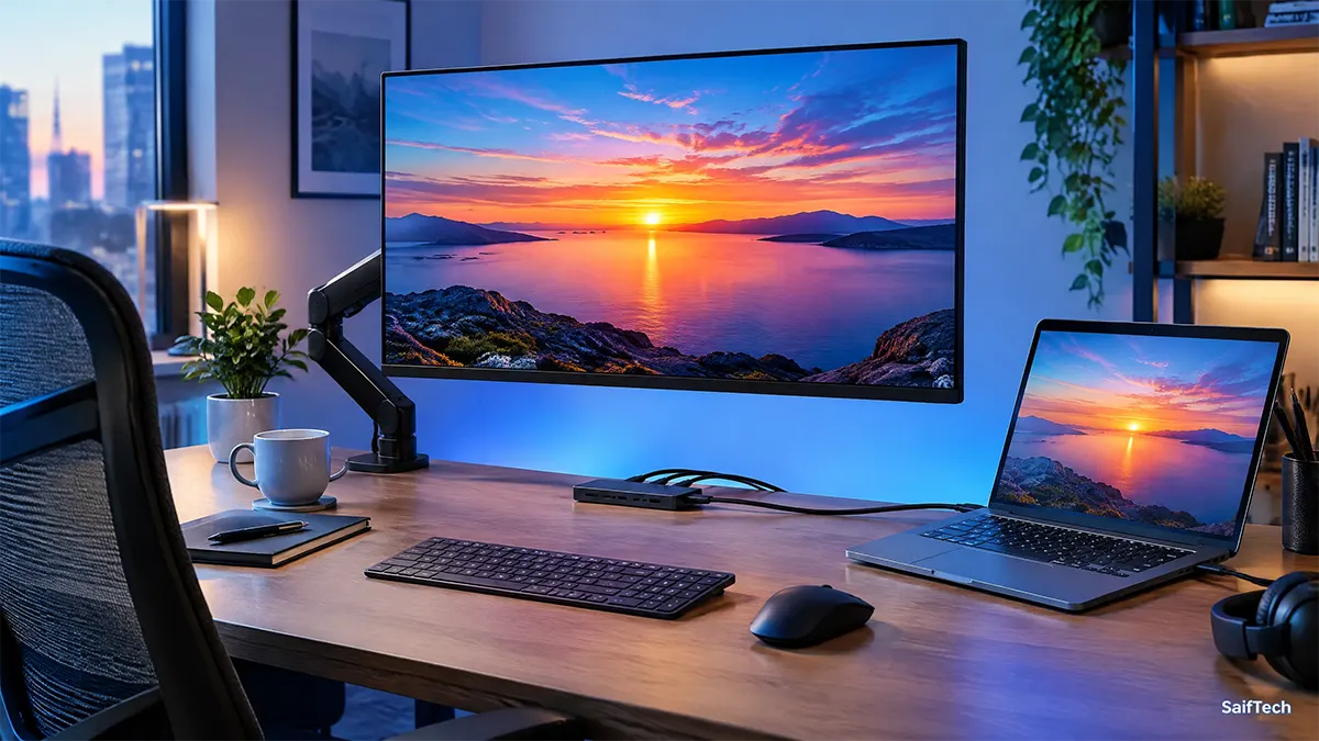 اختيار أفضل شاشة في 2026: دليل شامل للدقة وOLED وMini-LED ومعدل التحديث شاشة HDR متصلة باللابتوب عبر USB-C مع حامل قابل للتعديل لتحسين الراحة