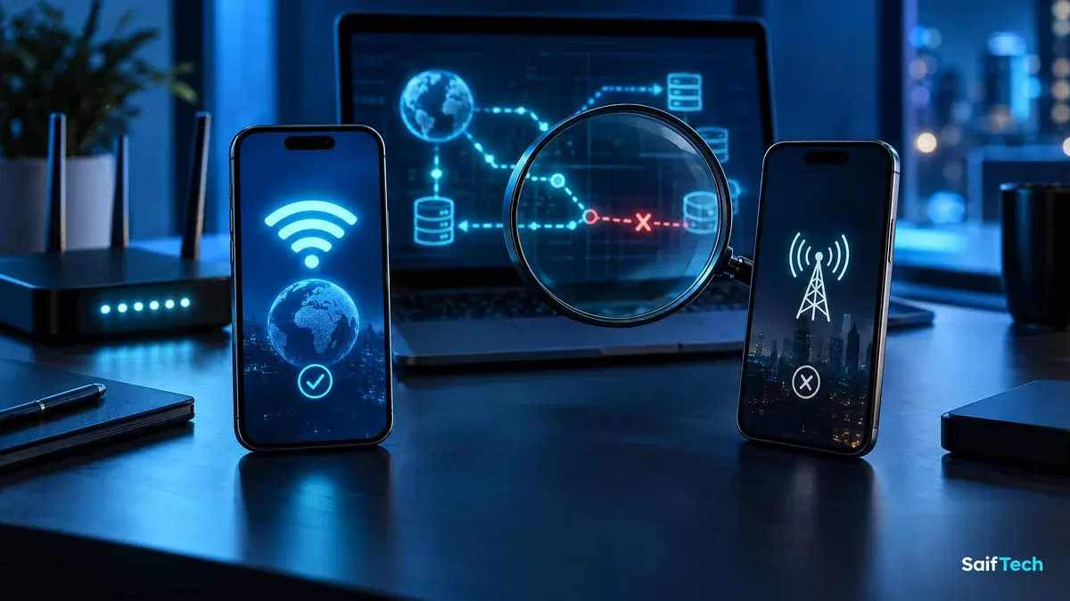 مقارنة فتح الموقع عبر Wi‑Fi وبيانات الهاتف لتشخيص مشكلة الاتصال
