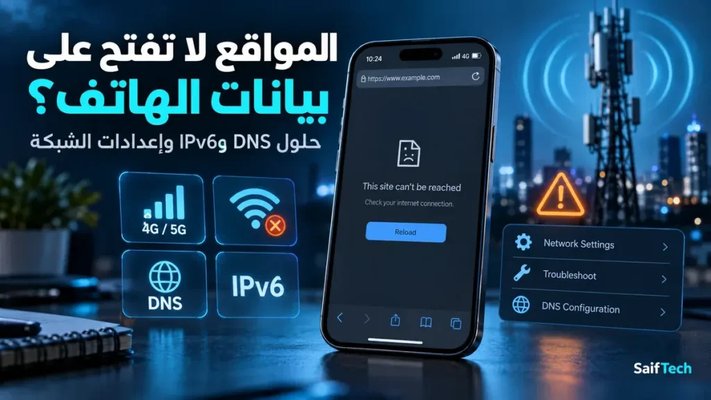 حل مشكلة عدم فتح المواقع على بيانات الهاتف في 2026: دليل DNS وIPv6 وإعدادات الشبكة المواقع لا تفتح على بيانات الهاتف وحلول DNS وIPv6 وإعدادات الشبكة