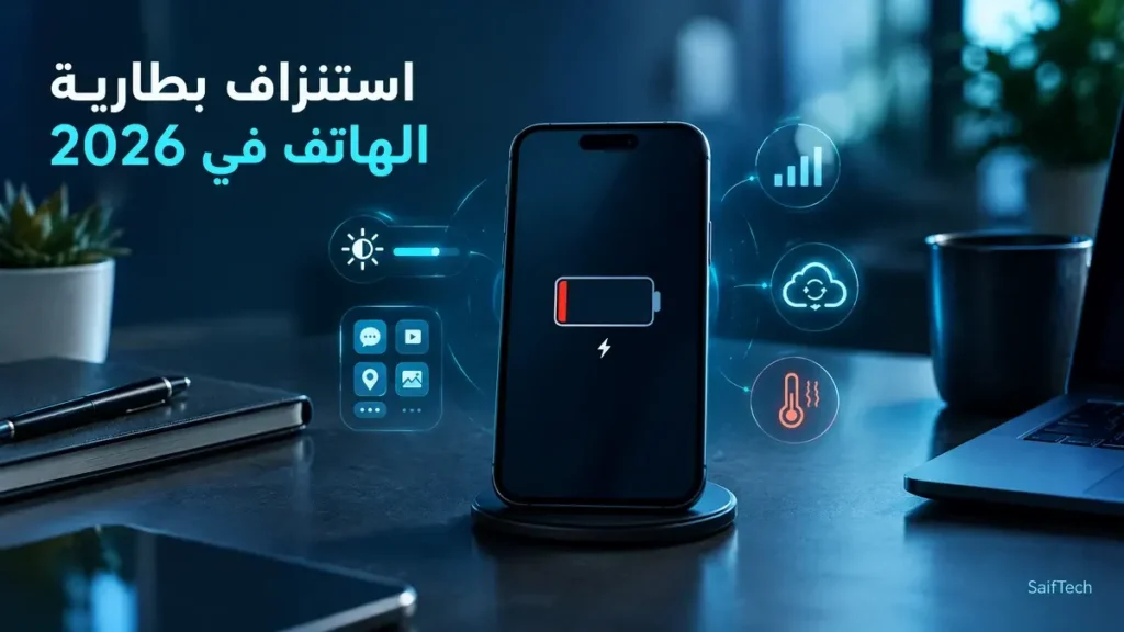 استنزاف بطارية الهاتف في 2026: الأسباب والحلول العملية لإطالة عمر الشحن استنزاف بطارية الهاتف في 2026 وأهم أسباب انخفاض الشحن بسرعة