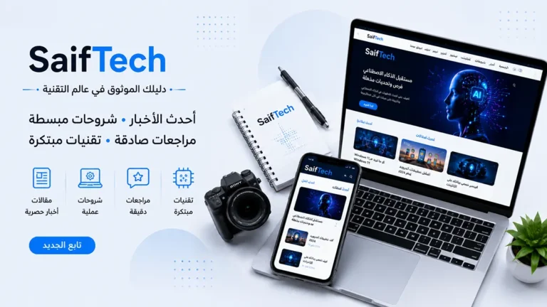 حاسوب محمول وهاتف وكاميرا تعرض محتوى موقع SaifTech التقني على مكتب أبيض