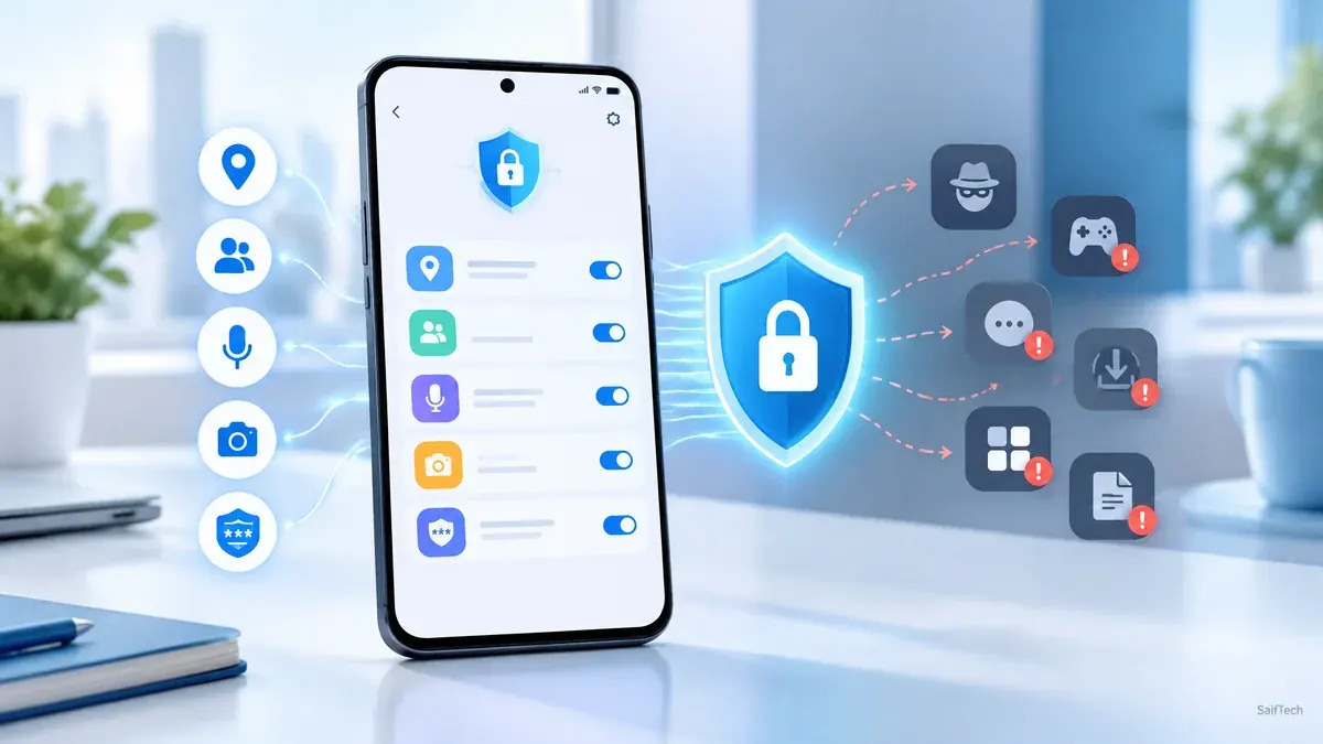 هاتف أندرويد يعرض رموز الخصوصية وحماية الموقع وجهات الاتصال ورموز التحقق

